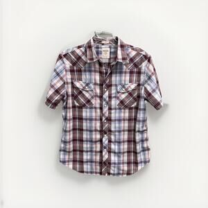 Fossil Pearl Snap Western Shirt Mens Size Large Plaid Cowboy Rodeo Short Sleeve
